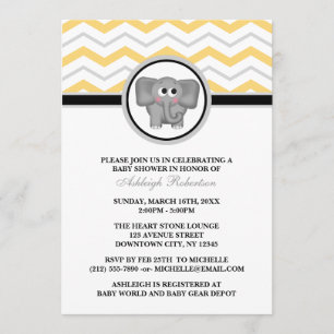 Elephant Yellow Grey Chevron Baby Shower Invitation