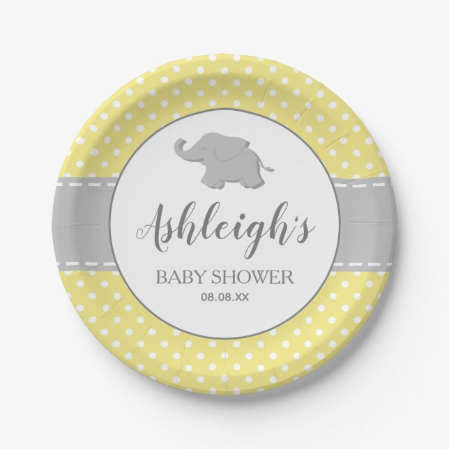Elephant Yellow Grey Polka Dot Baby Shower Paper Plate (Front)