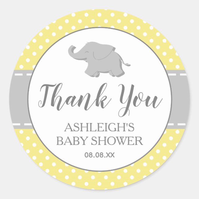 Elephant Yellow Polka Dot Baby Shower Classic Round Sticker (Front)