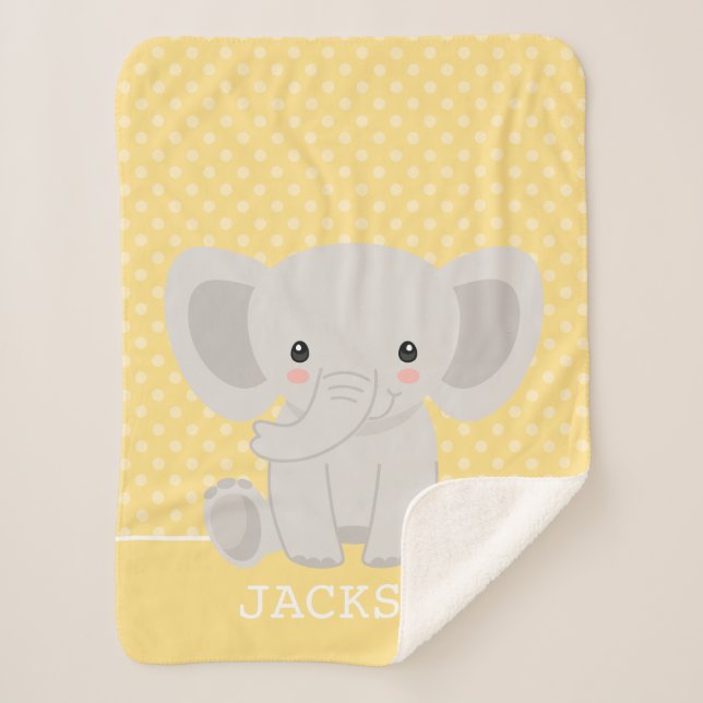 Elephant Yellow Polka Dot Personalized Boy Sherpa Blanket (Front)