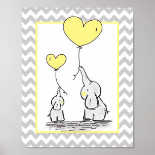 Elephant Yellow White Grey Chevron Baby Nursery Poster