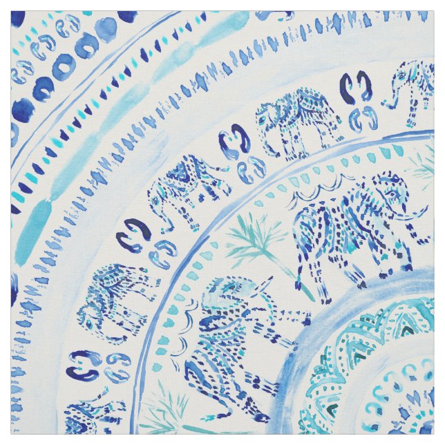 ELEPHANTING Blue Elephant Boho Mandala Fabric (Swatch)