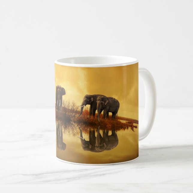 Éléphants à la tasse de café de réflexion de lac (Devant droit)