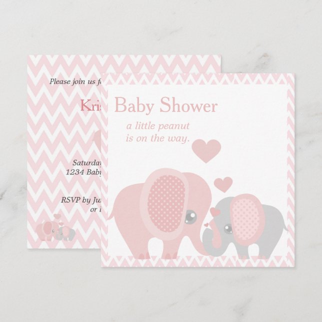 Eléphants adorables, Baby Girl Shower Invitation (Devant / Derrière)