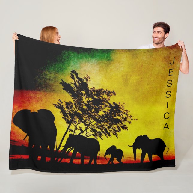 Elephants African Colourful Sunset Customizable Fleece Blanket (In Situ)