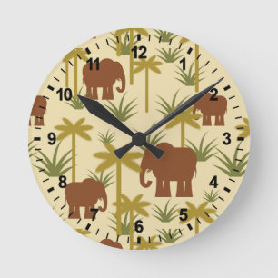 Elephants And Palms In Camouflage Round Clock