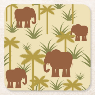 Elephants And Palms In Camouflage Square Paper Coaster