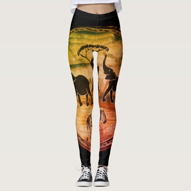 Elephants and Zebra Walking Wild Leggings (Front)