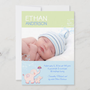 Elephants Baby Boy Photo Faire-part de naissance