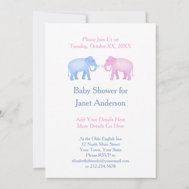 Elephants Baby Shower or Gender Reveal Invitation (Back)