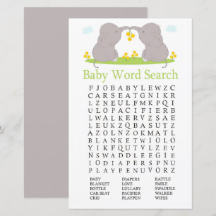 Elephants Baby Shower Word Search Game