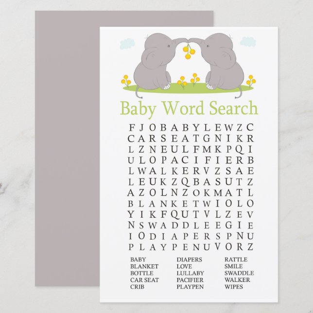 Elephants Baby Shower Word Search Game (Front/Back)