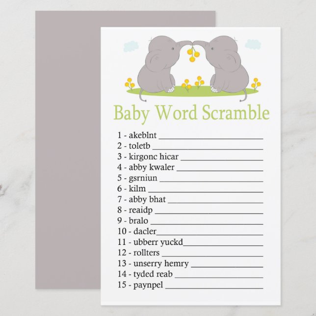 Elephants Baby word scramble game (Front/Back)