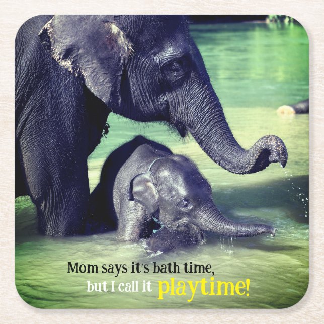 Elephants bathing in river square paper coaster (Front)