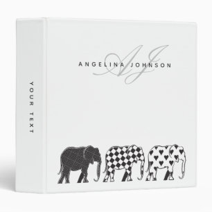 Elephants , Black and White Pattern Monogram Name Binder