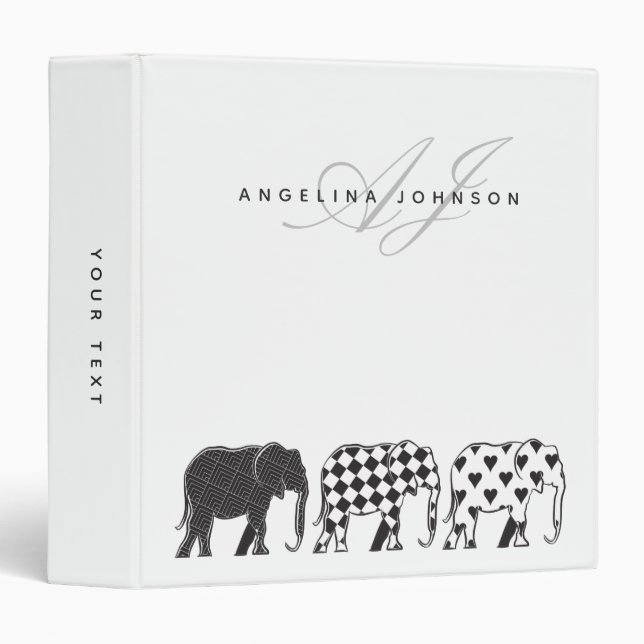 Elephants , Black and White Pattern Monogram Name Binder (Front/Spine)