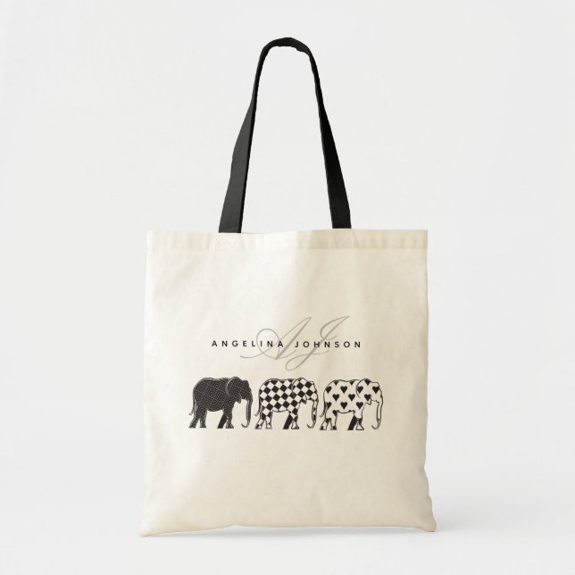 Elephants , Black and White Pattern Monogram Name Tote Bag (Front)