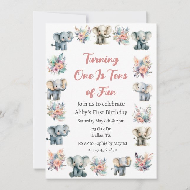 Elephants & Boho Jungle Flowers Birthday Invitation (Front)