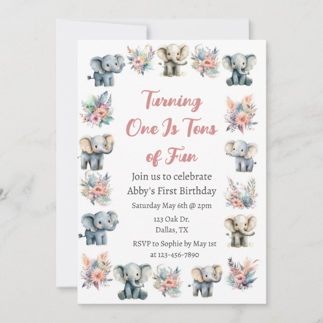 Elephants & Boho Jungle Flowers Birthday Invitation (Front)