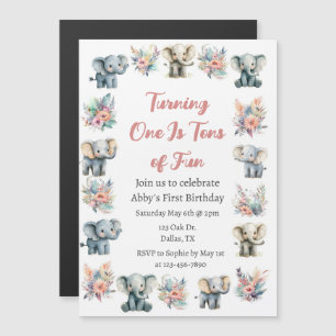Elephants & Boho Jungle Flowers Birthday Magnetic Invitation