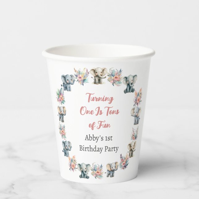 Elephants & Boho Jungle Flowers Birthday  Paper Cups (Front)