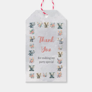Elephants & Boho Jungle Flowers on Grey Birthday Gift Tags
