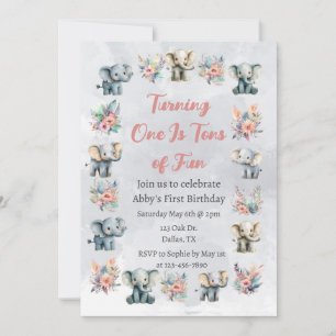 Elephants & Boho Jungle Flowers on Grey Birthday Invitation