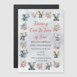 Elephants & Boho Jungle Flowers on Grey Birthday Magnetic Invitation