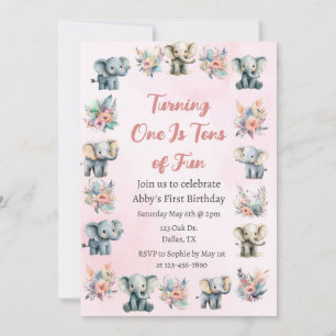 Elephants & Boho Jungle Flowers on Pink Birthday Invitation
