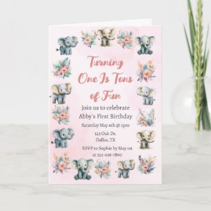 Elephants & Boho Jungle Flowers on Pink Birthday Invitation