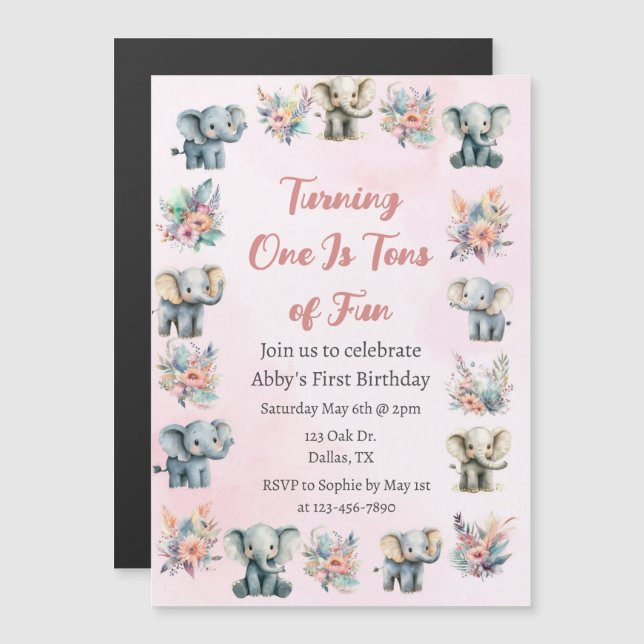 Elephants & Boho Jungle Flowers on Pink Birthday Magnetic Invitation (Front/Back)