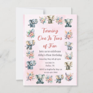 Elephants & Boho Jungle Flowers on Pink Birthday Postcard