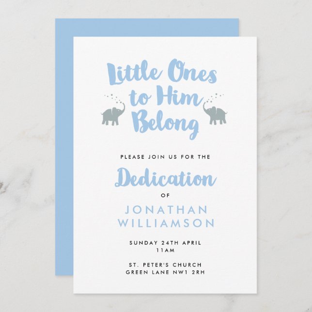 Elephants Christian Dedication Invitation | Bleu (Devant / Derrière)