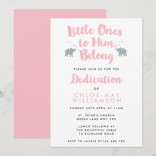 Elephants Christian Dedication Invitation | Pink (Front/Back)