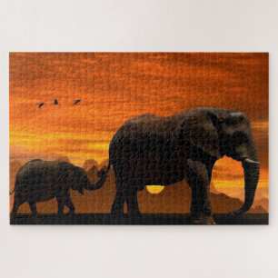 Eléphants Famille Puzzle Puzzle Au coucher Du Sole