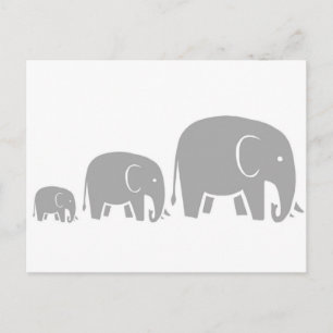 elephants family of three - grey on white postcard