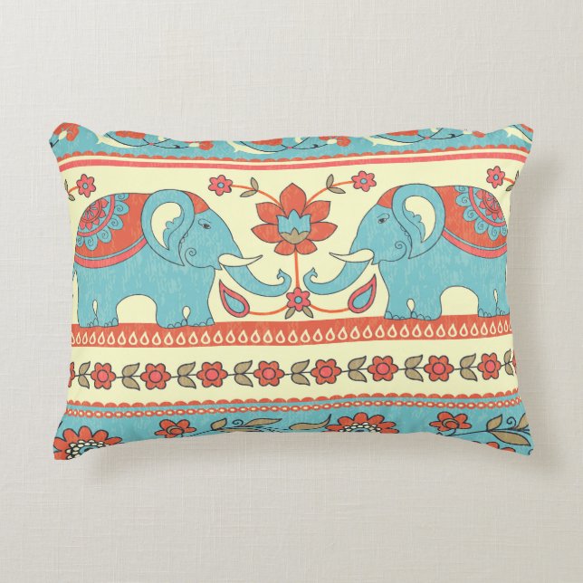 Elephants, flowers, ethnic striped pattern accent pillow (Front)