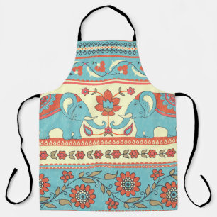 Elephants, flowers, ethnic striped pattern apron