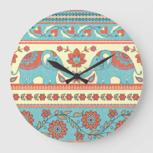 Elephants, flowers, ethnic striped pattern large clock