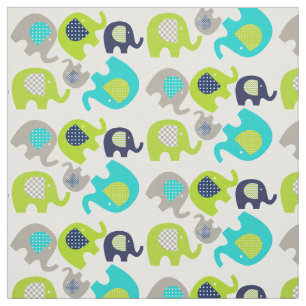 Éléphants gris de vert bleu sur le tissu blanc