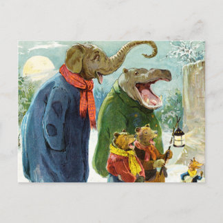 Elephants Hippopotamus & Bears Christmas Caroling Holiday Postcard