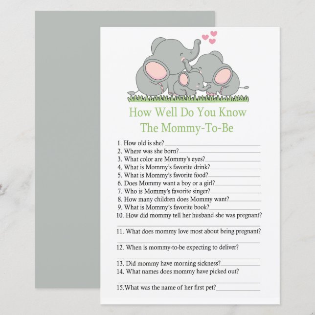 Elephants How well do you know baby shower game (Front/Back)