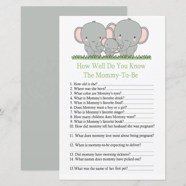Elephants How well do you know baby shower game (Front/Back)