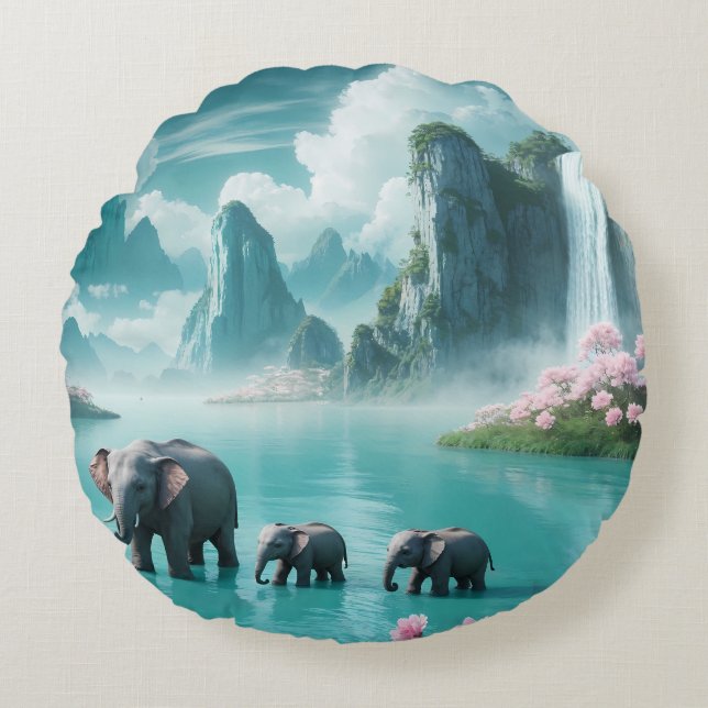 Elephants in a Dream World Round Pillow (Front)