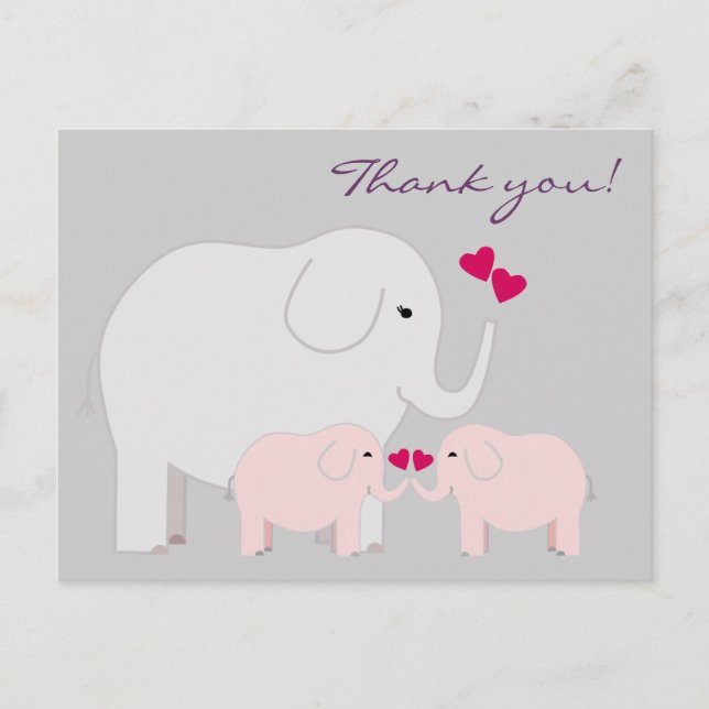 Elephants in Pink Thank You Postcard (Front)