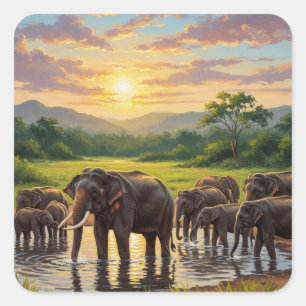 Elephants in Sri Lanka Udawalawe National Park Square Sticker