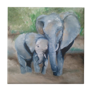 Elephants- Mother and Baby Tile