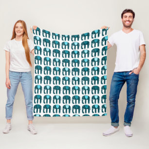 Elephants Pattern Blue Fleece Blanket