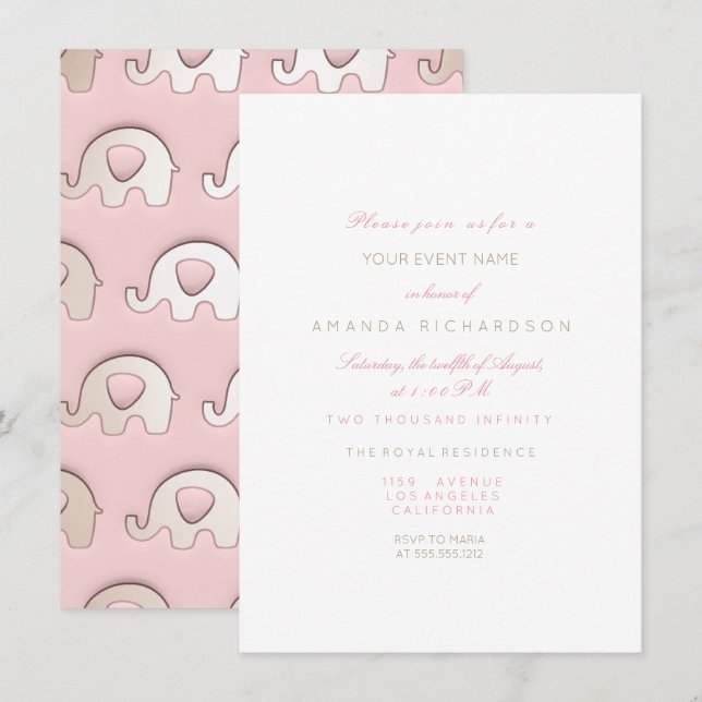 Elephants Pink  Birthday Baby Shower Ivory White Invitation (Front/Back)