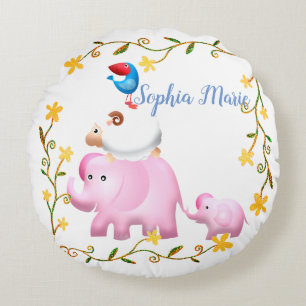 Elephants, Sheep & Bird Animal Tower Round Pillow